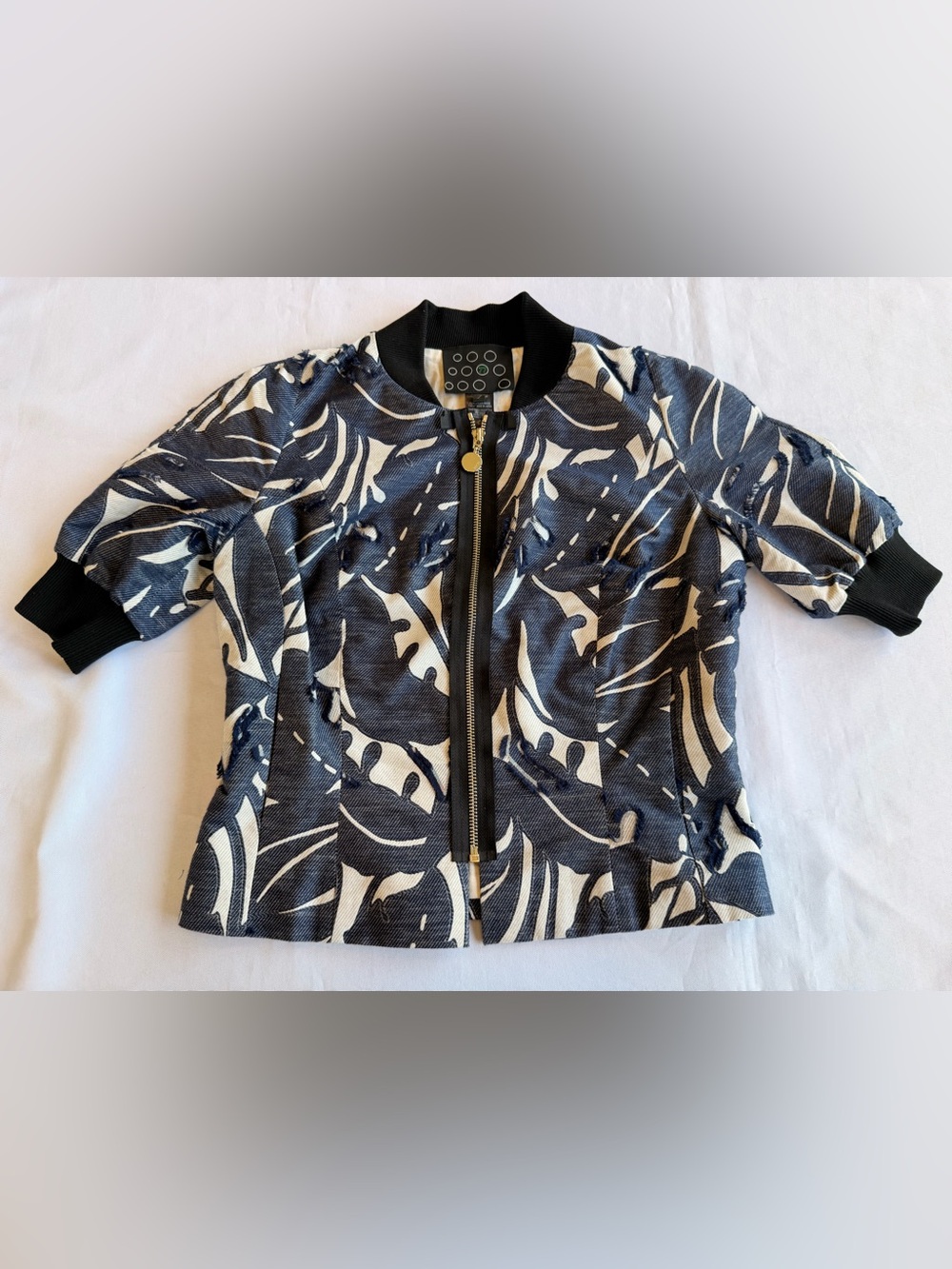 Rare NY 77 Design Short Sleeve Textured Pattern Full Zip Bomber Jacket Sz 1|4-6